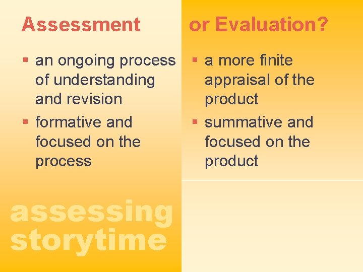 Assessment or Evaluation? § an ongoing process § a more finite of understanding appraisal