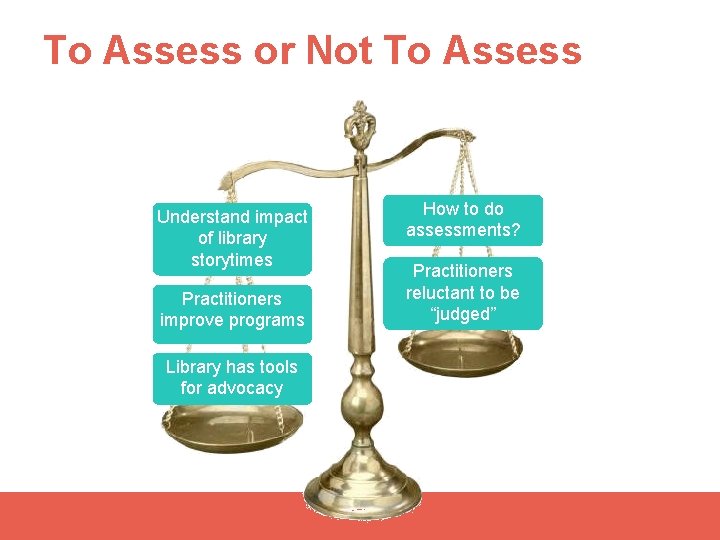 To Assess or Not To Assess Understand impact of library storytimes Practitioners improve programs