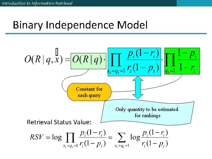 Introduction to Information Retrieval Binary Independence Model Constant for each query Retrieval Status Value: