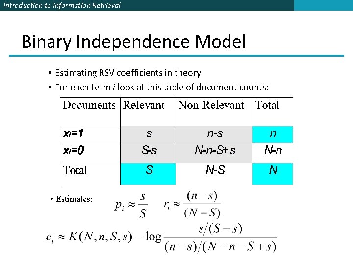 Introduction to Information Retrieval Binary Independence Model • Estimating RSV coefficients in theory •