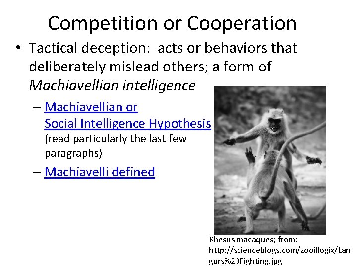 Competition or Cooperation • Tactical deception: acts or behaviors that deliberately mislead others; a