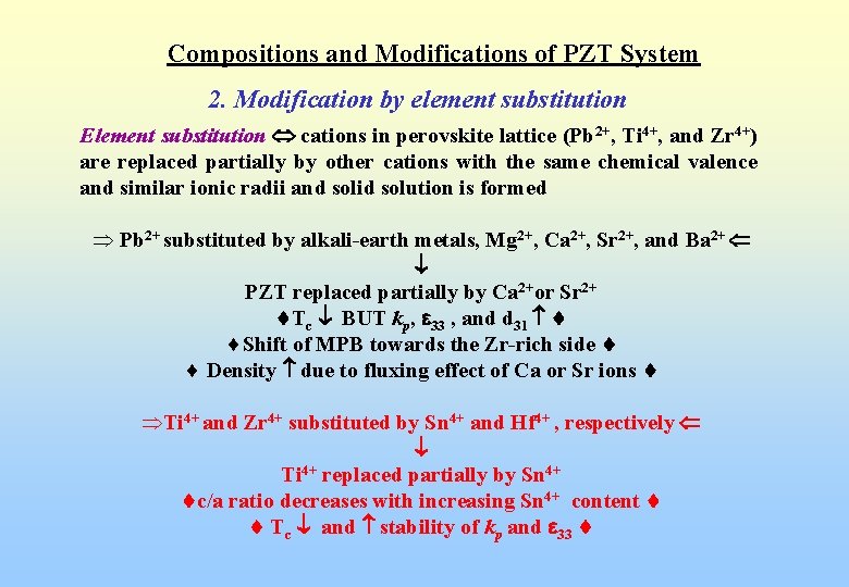 Compositions and Modifications of PZT System 2. Modification by element substitution Element substitution cations