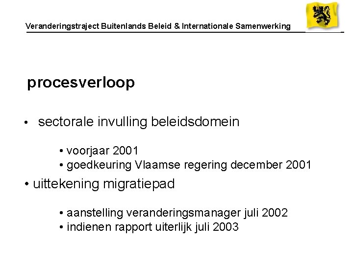 Veranderingstraject Buitenlands Beleid & Internationale Samenwerking procesverloop • sectorale invulling beleidsdomein • voorjaar 2001