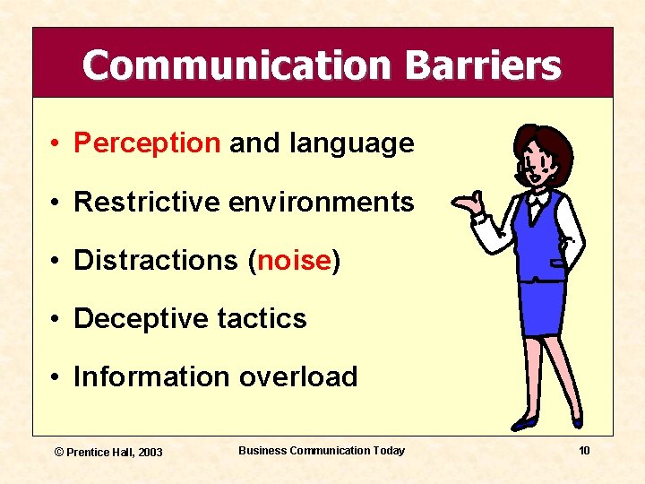 Communication Barriers • Perception and language • Restrictive environments • Distractions (noise) • Deceptive