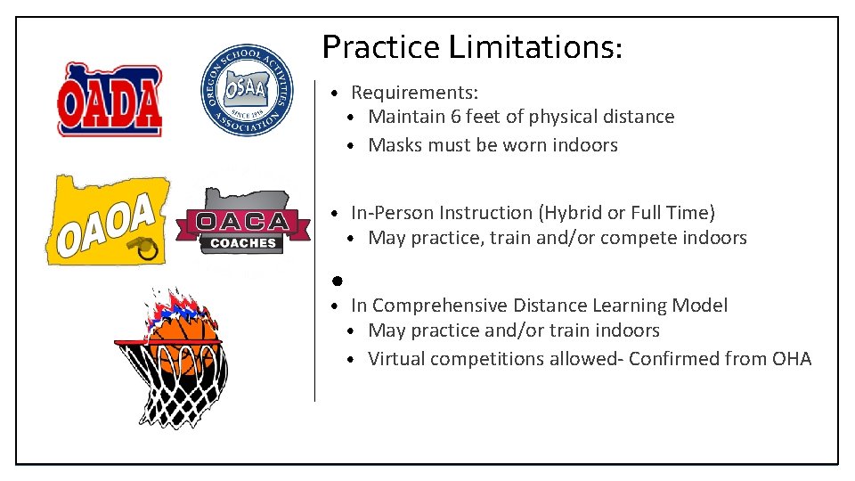 Practice Limitations: • Requirements: • Maintain 6 feet of physical distance • Masks must