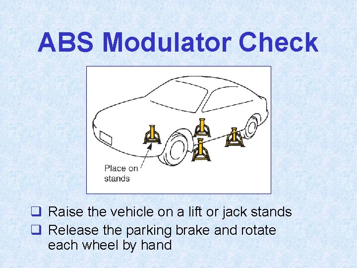 ABS Modulator Check q Raise the vehicle on a lift or jack stands q