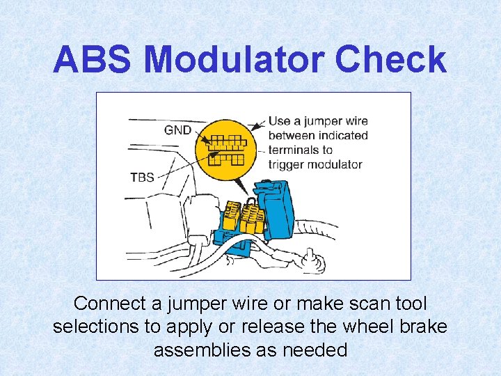 ABS Modulator Check Connect a jumper wire or make scan tool selections to apply