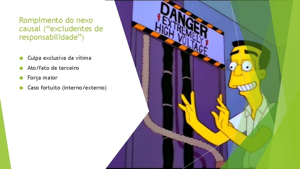Rompimento do nexo causal (“excludentes de responsabilidade”) Culpa exclusiva da vítima Ato/fato de terceiro