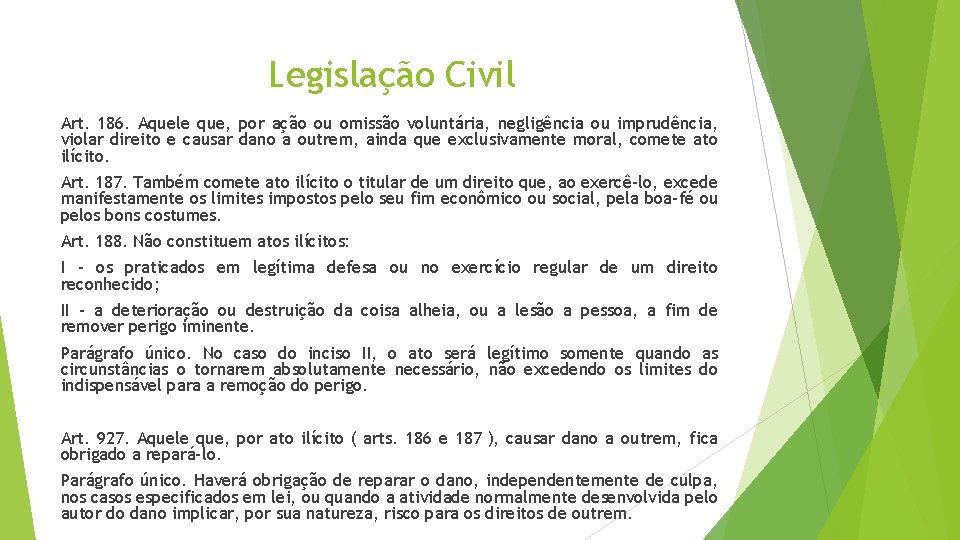 Legislação Civil Art. 186. Aquele que, por ação ou omissão voluntária, negligência ou imprudência,