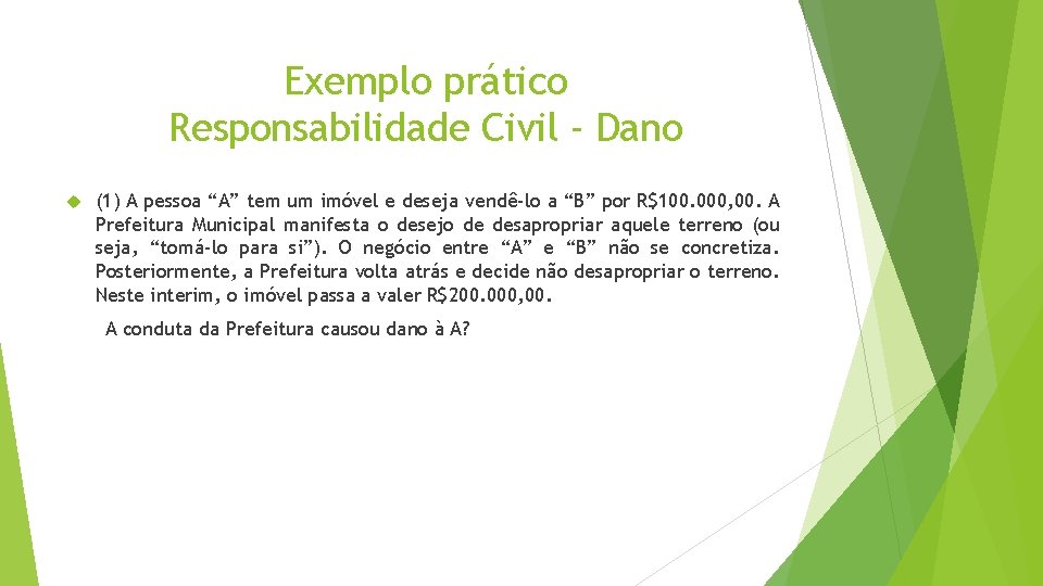 Exemplo prático Responsabilidade Civil - Dano (1) A pessoa “A” tem um imóvel e
