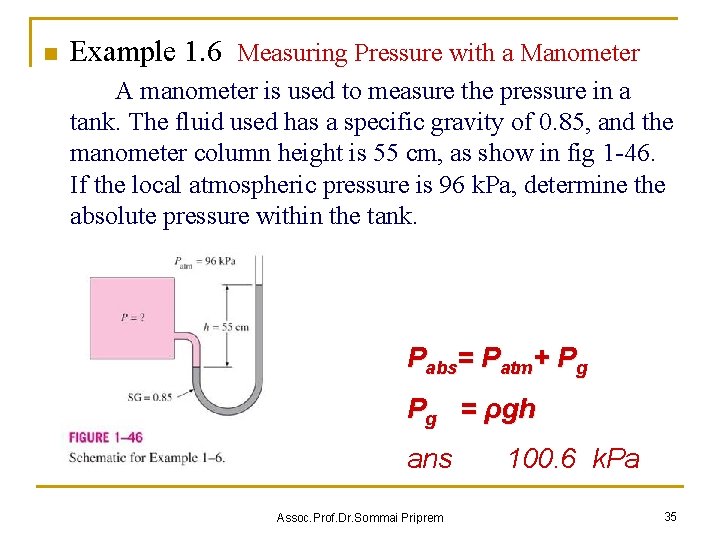 n Example 1. 6 Measuring Pressure with a Manometer A manometer is used to