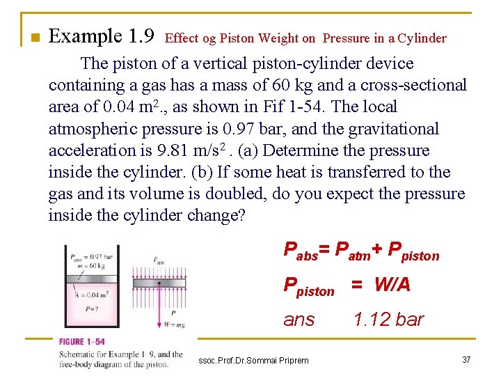 n Example 1. 9 Effect og Piston Weight on Pressure in a Cylinder The