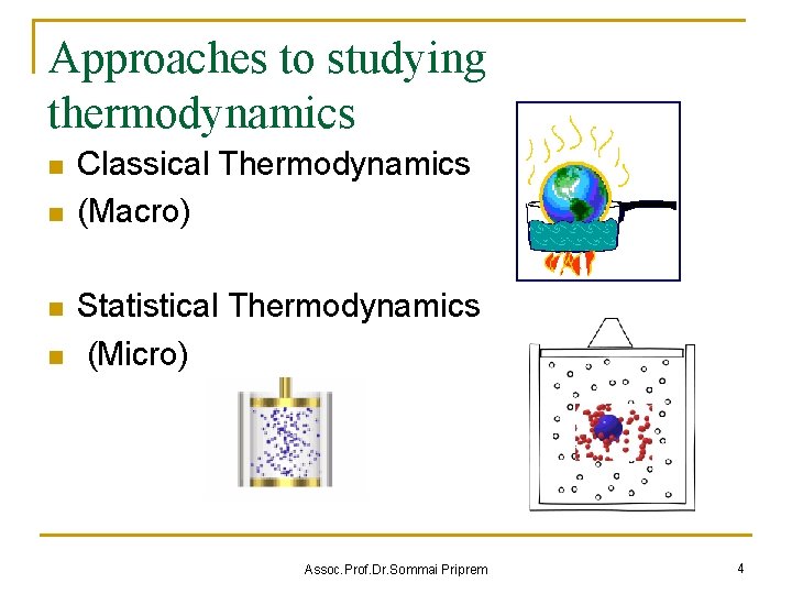 Approaches to studying thermodynamics n n Classical Thermodynamics (Macro) Statistical Thermodynamics (Micro) Assoc. Prof.