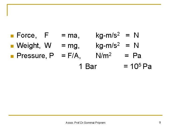 n n n Force, F Weight, W Pressure, P = ma, = mg, =