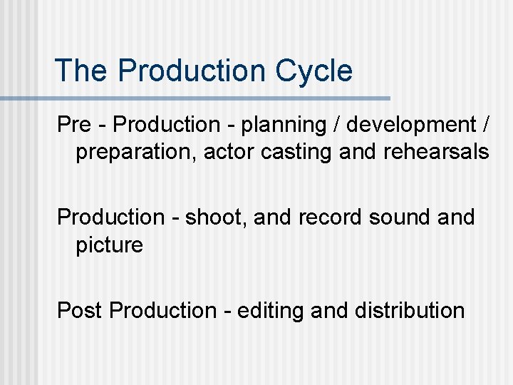 The Production Cycle Pre - Production - planning / development / preparation, actor casting