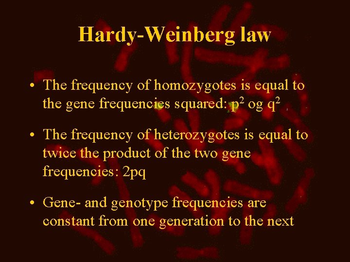 Hardy-Weinberg law • The frequency of homozygotes is equal to the gene frequencies squared: