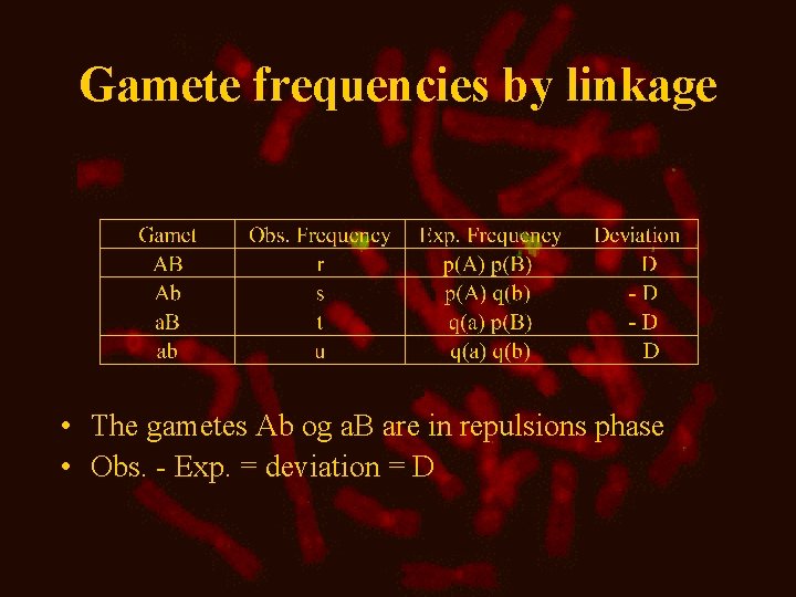 Gamete frequencies by linkage • The gametes Ab og a. B are in repulsions