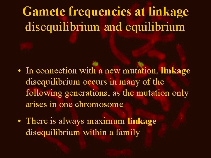 Gamete frequencies at linkage disequilibrium and equilibrium • In connection with a new mutation,