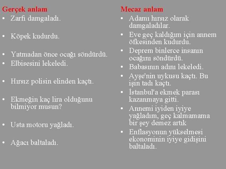 Gerçek anlam • Zarfı damgaladı. • Köpek kudurdu. • Yatmadan önce ocağı söndürdü. •