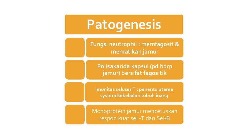 Patogenesis Fungsi neutrophil : memfagosit & mematikan jamur Polisakarida kapsul (pd bbrp jamur) bersifat