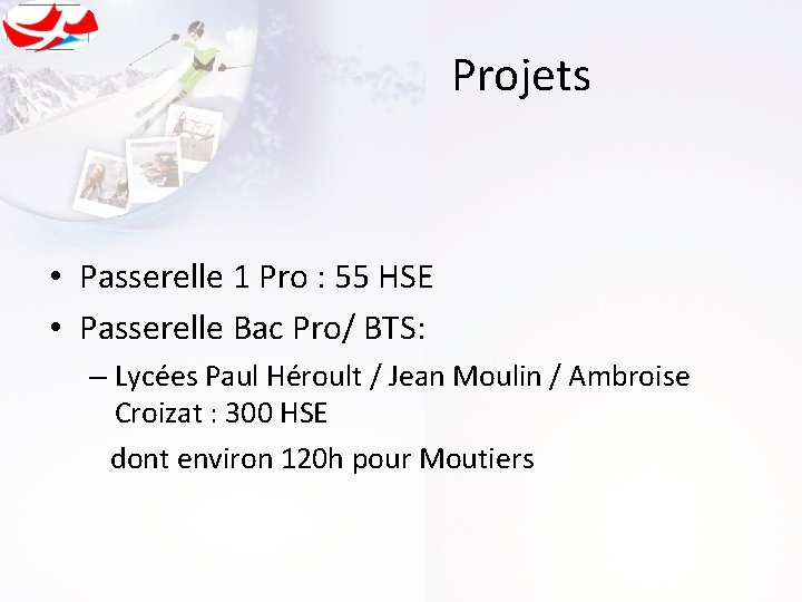 Projets • Passerelle 1 Pro : 55 HSE • Passerelle Bac Pro/ BTS: –