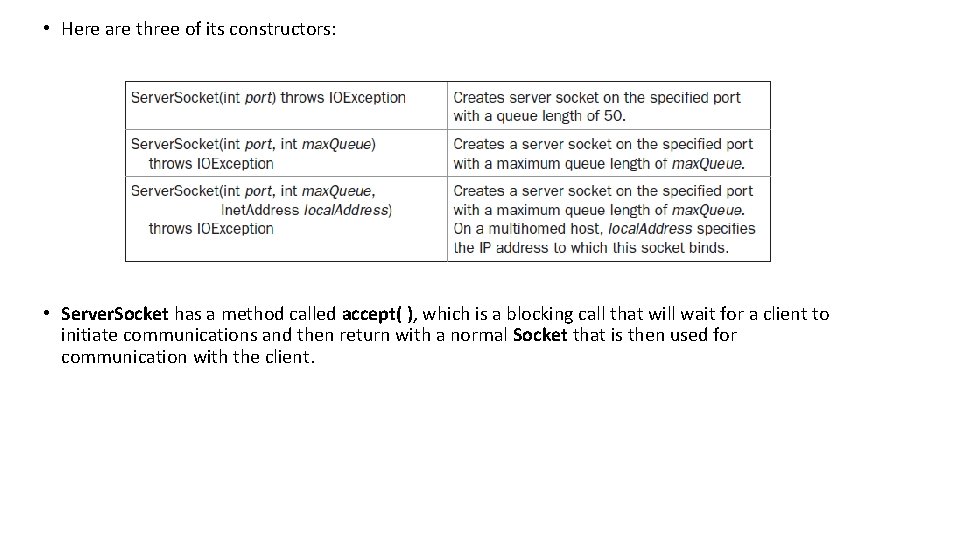  • Here are three of its constructors: • Server. Socket has a method