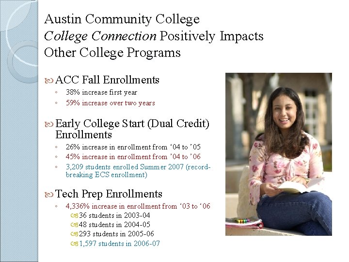 Austin Community College Connection Positively Impacts Other College Programs ACC ◦ ◦ Fall Enrollments