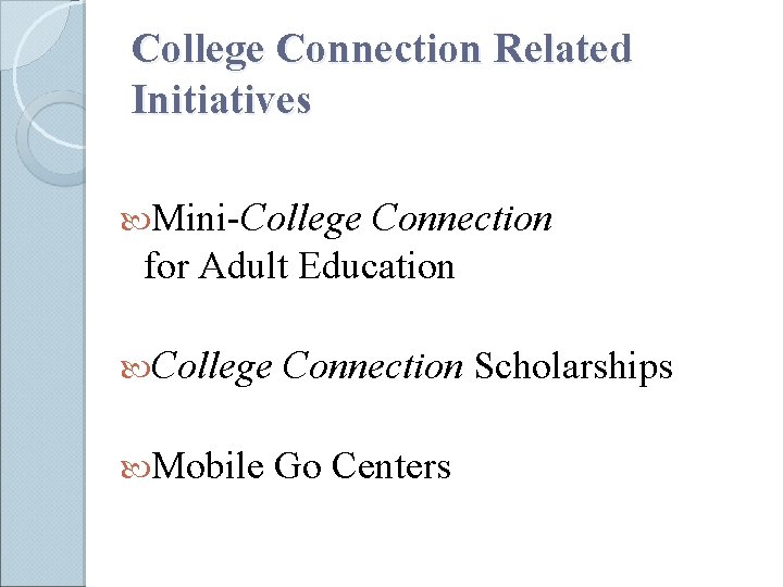 College Connection Related Initiatives Mini-College Connection for Adult Education College Connection Scholarships Mobile Go