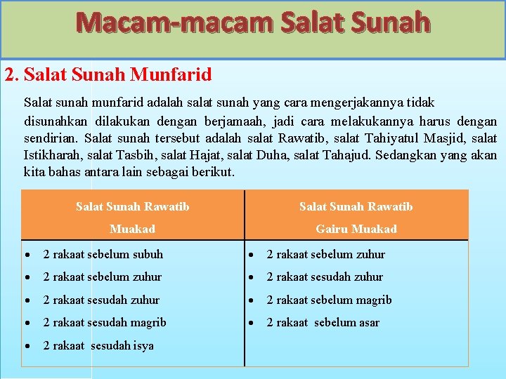 Macam-macam Salat Sunah 2. Salat Sunah Munfarid Salat sunah munfarid adalah salat sunah yang Macam-macam Salat Sunah 2. Salat Sunah Munfarid Salat sunah munfarid adalah salat sunah yang