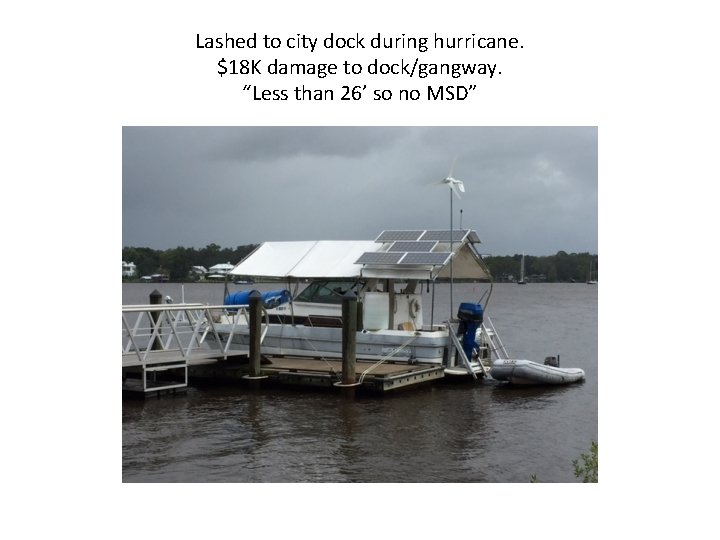 Lashed to city dock during hurricane. $18 K damage to dock/gangway. “Less than 26’