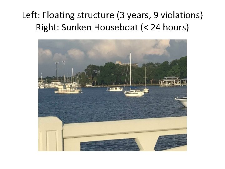 Left: Floating structure (3 years, 9 violations) Right: Sunken Houseboat (< 24 hours) 