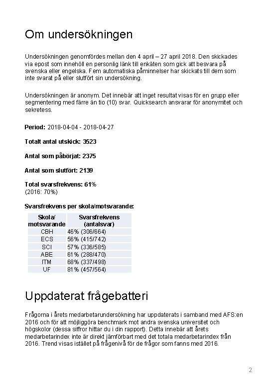 Om undersökningen Undersökningen genomfördes mellan den 4 april – 27 april 2018. Den skickades