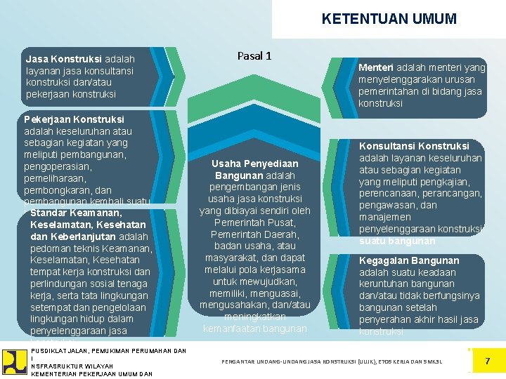 KETENTUAN UMUM Jasa Konstruksi adalah layanan jasa konsultansi konstruksi dan/atau pekerjaan konstruksi Pekerjaan Konstruksi