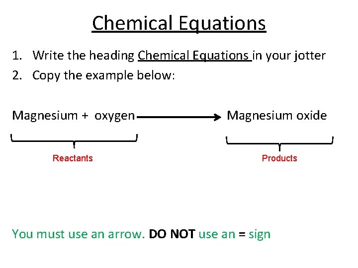 Chemical Equations 1. Write the heading Chemical Equations in your jotter 2. Copy the
