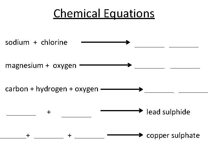 Chemical Equations sodium + chlorine magnesium + oxygen carbon + hydrogen + oxygen +