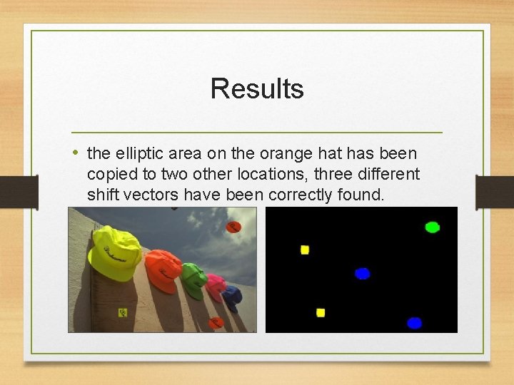 Results • the elliptic area on the orange hat has been copied to two