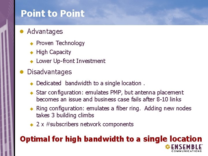 Point to Point n n Advantages u Proven Technology u High Capacity u Lower