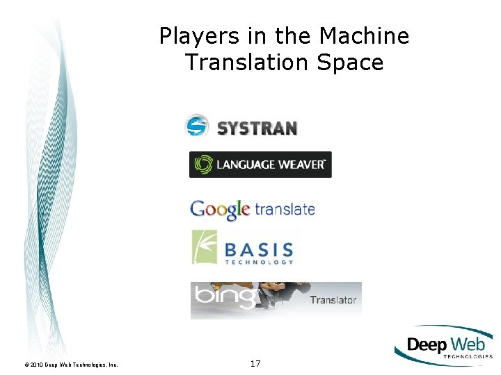 Players in the Machine Translation Space © 2010 Deep Web Technologies, Inc. 17 