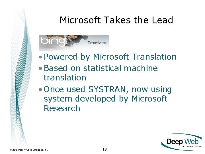 Microsoft Takes the Lead • Powered by Microsoft Translation • Based on statistical machine