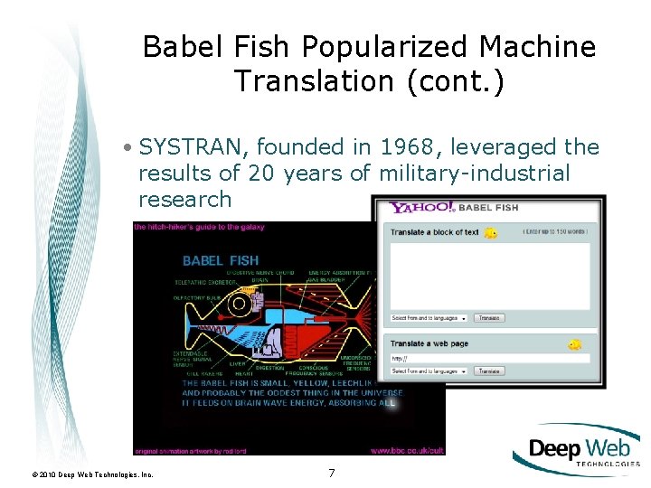 Babel Fish Popularized Machine Translation (cont. ) • SYSTRAN, founded in 1968, leveraged the