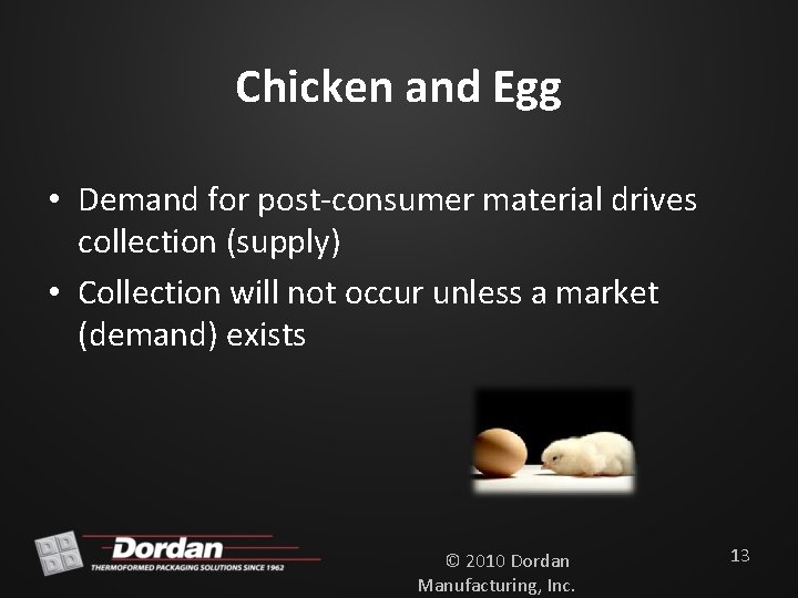 Chicken and Egg • Demand for post-consumer material drives collection (supply) • Collection will