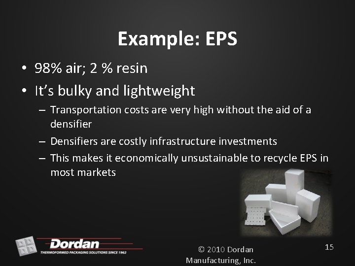 Example: EPS • 98% air; 2 % resin • It’s bulky and lightweight –