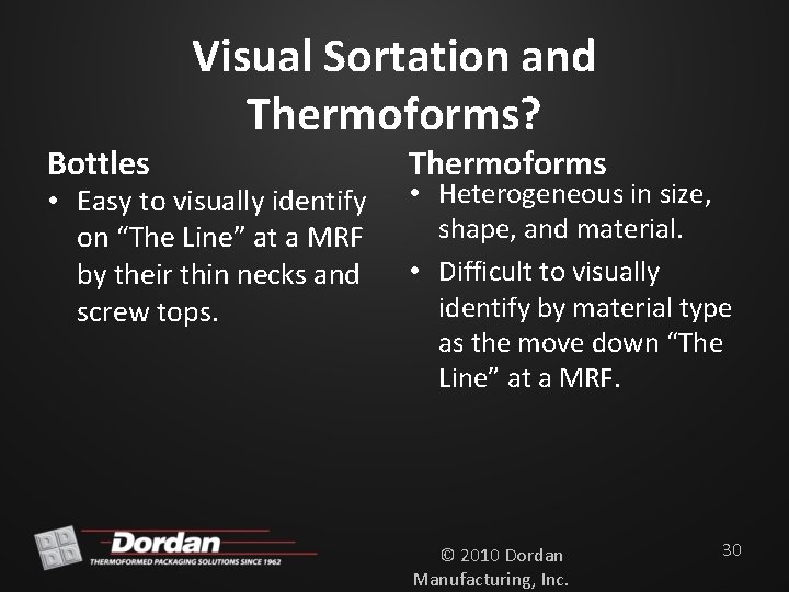 Bottles Visual Sortation and Thermoforms? • Easy to visually identify on “The Line” at