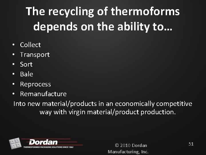 The recycling of thermoforms depends on the ability to… • Collect • Transport •