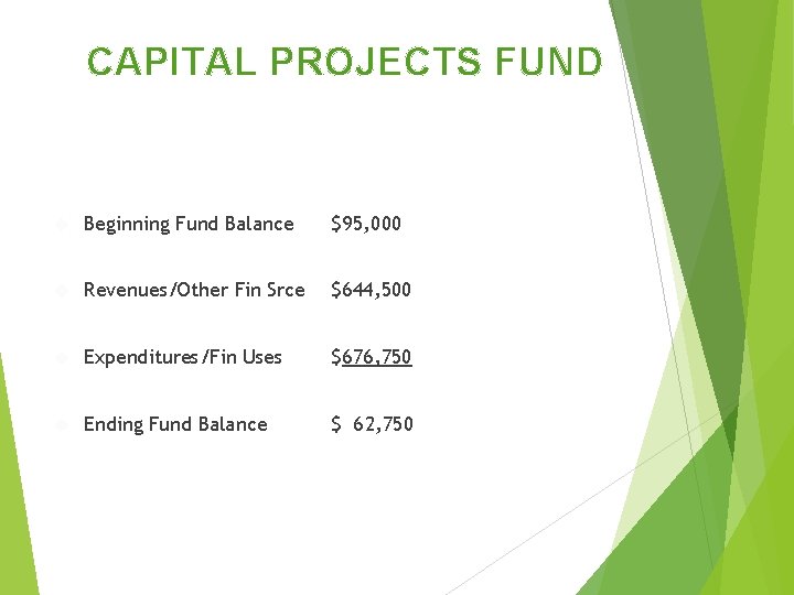 CCAPITAL PROJECTS FUND Beginning Fund Balance $95, 000 Revenues/Other Fin Srce $644, 500 Expenditures/Fin