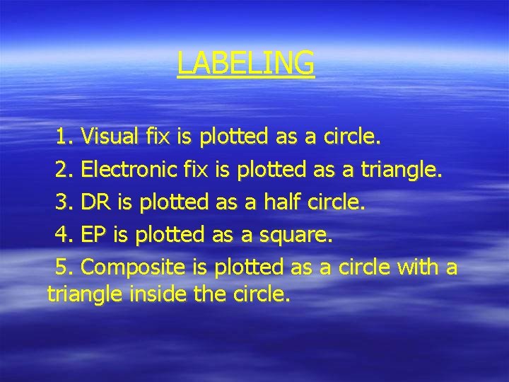 LABELING 1. Visual fix is plotted as a circle. 2. Electronic fix is plotted