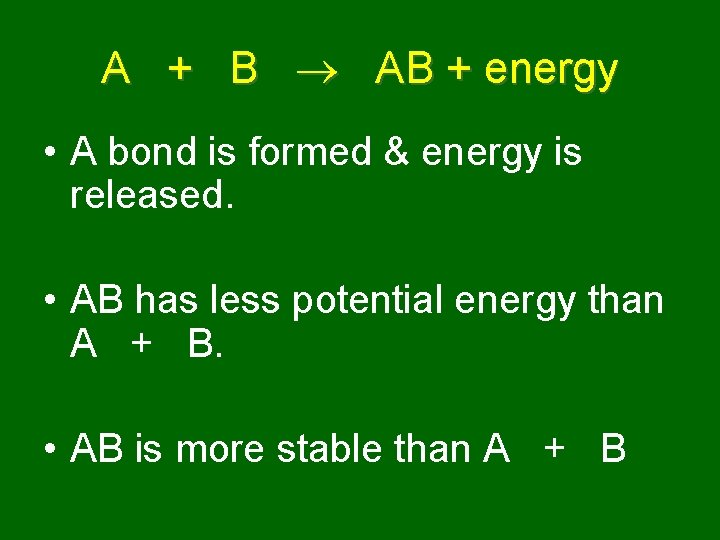 A + B AB + energy • A bond is formed & energy is