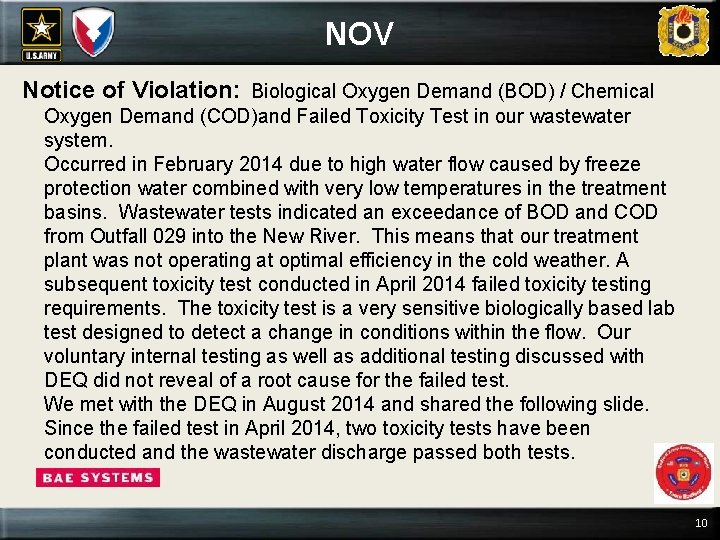 NOV Notice of Violation: Biological Oxygen Demand (BOD) / Chemical Oxygen Demand (COD)and Failed