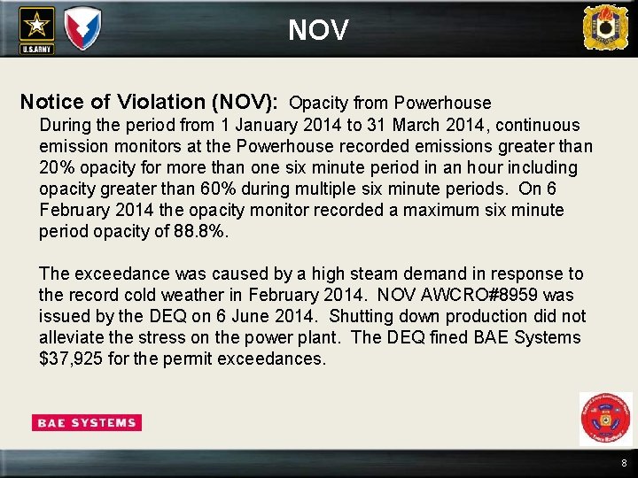 NOV Notice of Violation (NOV): Opacity from Powerhouse During the period from 1 January