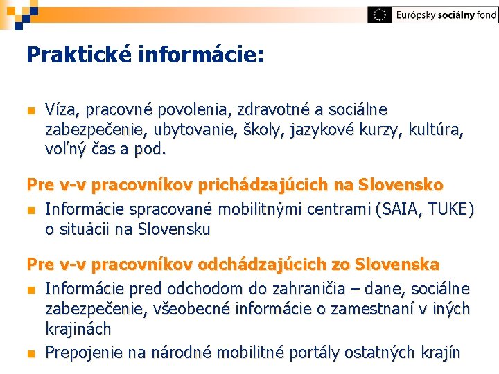 Praktické informácie: n Víza, pracovné povolenia, zdravotné a sociálne zabezpečenie, ubytovanie, školy, jazykové kurzy,